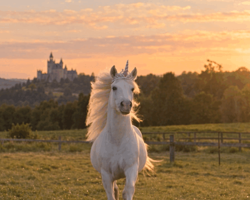 A white horse wearing a unicorn-horn tiara gallops towards the camera at sunset, a castle on the hill behind it